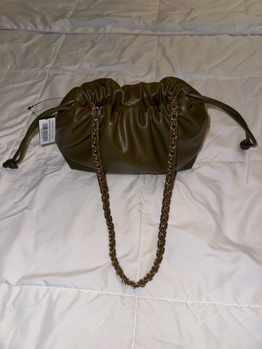 Lulu’s Olive Drawstring Pouch Shoulder Bag with Chain Strap - Picture 6 of 8